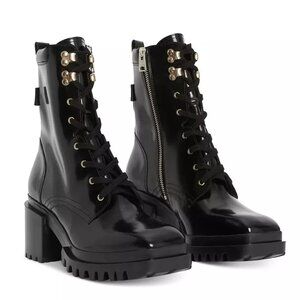 $400 ALLSAINTS Indigo Lace Up High Heel Boots SQUARE BLACK LEATHER 37 (MF22)